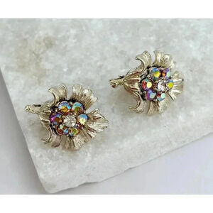 Vintage Coro Signed Gold Toned Floral MCM Iridescent Rhinestone Clip On Studs